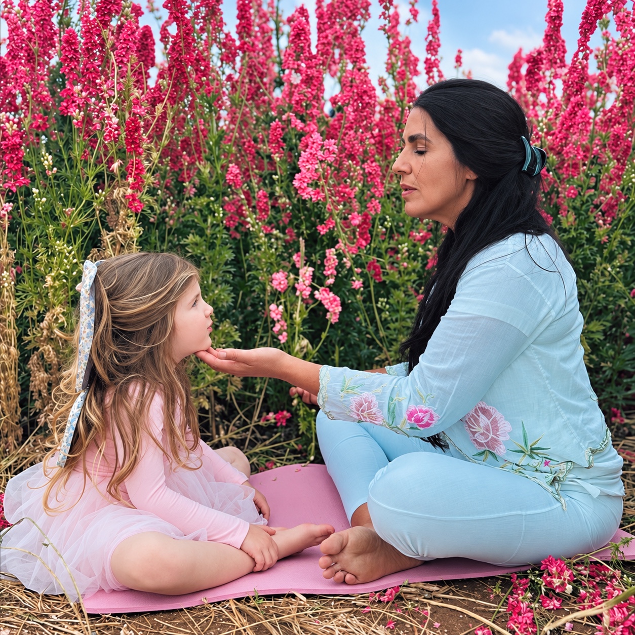 Tina and Arabella sitting together among flowers